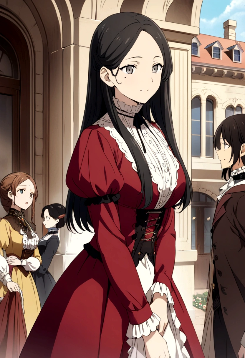 Victorian era in Europe, Women, perfect anime illustration, beautiful, happy, elegante y amable Women, light brown skin, sincere eyes, grey eyes, long hair, straight hair, black hair, He does not have bangs or they do not cover his forehead, wears red Victorian clothing, does not show skin, mole on one side of the eye, Best Quality, Masterpiece, victorian mansion background