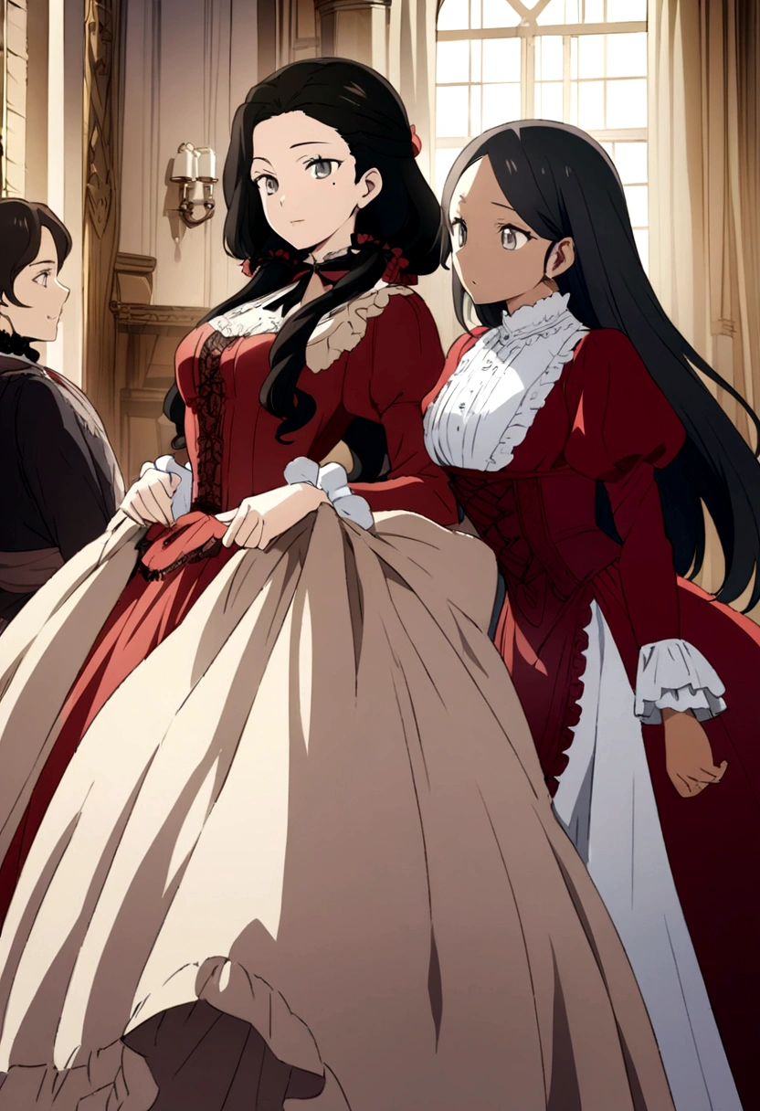 Victorian era in Europe, Women, perfect anime illustration, beautiful, happy, elegante y amable Women, light brown skin, sincere eyes, grey eyes, long hair, straight hair, black hair, He does not have bangs or they do not cover his forehead, wears red Victorian clothing, does not show skin, mole on one side of the eye, Best Quality, Masterpiece, victorian mansion background