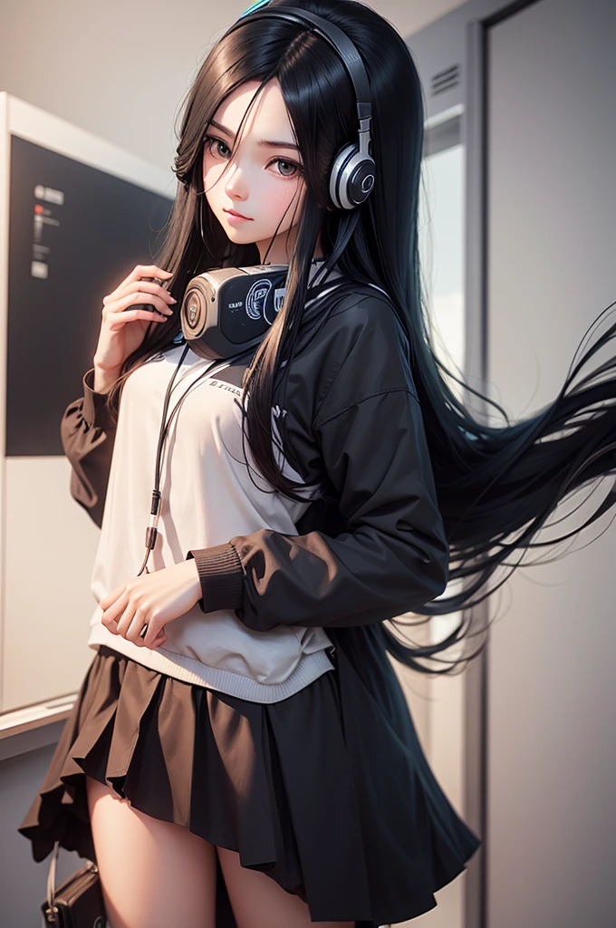 long black hair, school unoform, holding hands, looing at camera, wearing headphone
