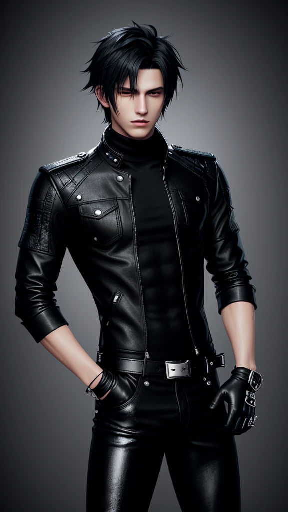 Final fantasy taste and reality graphics, Japanese young cute and cool ikemen boy, his age is early 20s, thin eyebrows and beady eyes, he wearing off black color leather thick singlebrest biker jacket, with epaulet, must close the front of the leather jacket, jacket is biker style, jacket is voluminous, , jacket collar is high length stand-up collar with belts, jacket is a little black line pattern,close the front of the jacket, also wearing black thick turtleneck lackluster shirts, tight black leather pants, shiny black leather tight and thin glove, black leather knee-high raceup boots,must views head-to-toe,must views whole body, boy looks like fashion model,Do not show skin from the neck down,leather jacket leather glove and leather pants have few wrinkles,boy in the room,