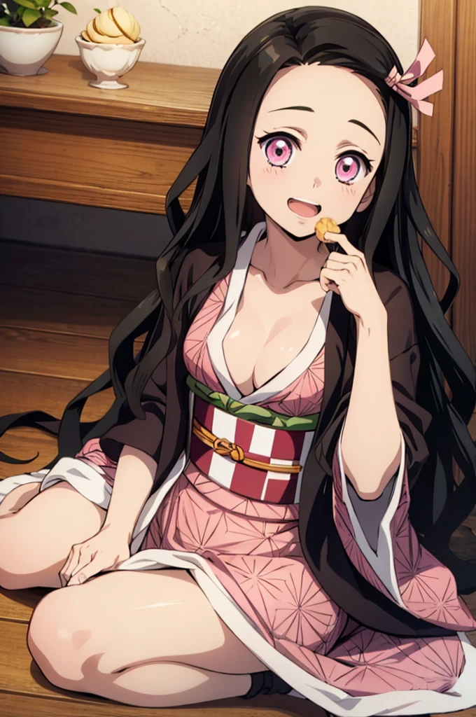 (masterpiece:1.3), (best quality:1.1), (8k, ultra detailed, ultra high res:1.2), ((anime style)), perfect 5 fingers, perfect anatomy,
1girl,
Kamado Nezuko,
BREAK long hair, wavy hair, forehead,
black hair,
pink eyes, empty eyes,
ribbon,
small breasts,
BREAK japanese clothes, pink kimono, brown haori, obi,
smile,
looking at viewer,
BREAK upper body, (eating, cream puff:1.1), sitting, wariza, open mouth,
perfect light, indoor, inside, Japanese-style Room,