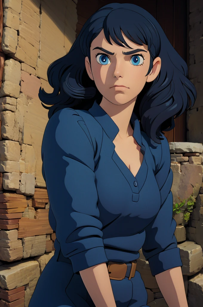 Curvy blue eyed girl with long wavy black hair and small breasts, (cruel_expression):4.0, lewd:2.0, (pubic_stubble):3.0