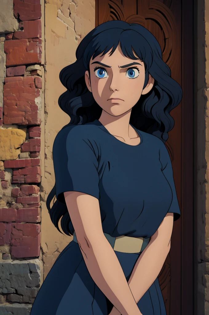 Curvy blue eyed girl with long wavy black hair and small breasts, (cruel_expression):4.0, lewd:2.0, (pubic_stubble):3.0