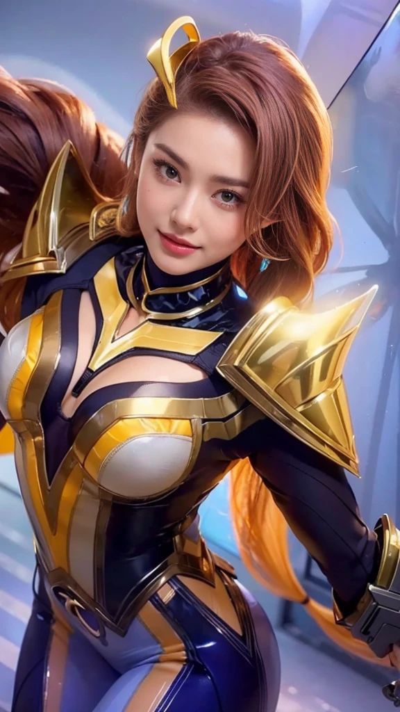 (8k, RAW photo, photorealistic:1.25) ,( lipgloss, eyelashes, gloss-face, glossy skin, best quality, ultra highres, depth of field, chromatic aberration, caustics, Broad lighting, natural shading, looking at viewer with a serene and goddess-like happiness, smile, 8k, very detailed, green eyes, close-up shot of a woman with a gun in her hand