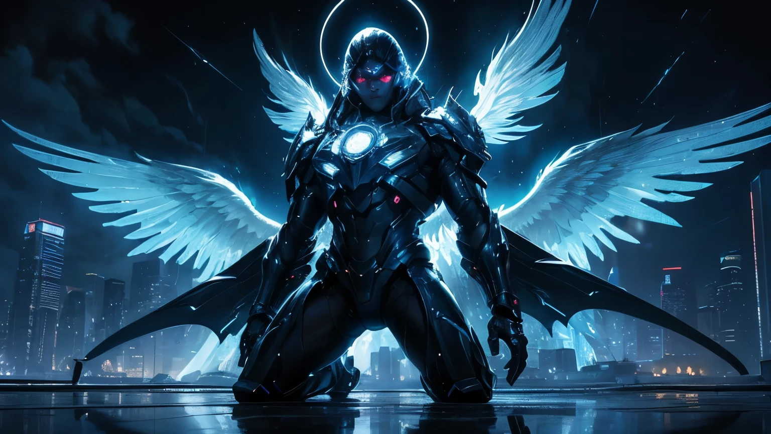 ((masterpiece, Highest quality, Best image quality, High resolution、４ｋ)) An angel in the center of the screen、Glowing white wings、Glowing halo、Cyberface。Wearing a flowing ethereal robe、god々Shining with a bright light。Glowing blue eyes and advanced cybernetic enhancements. Seen in dynamic action poses, reflection on a smooth surface. The cityscape below is filled with towering skyscrapers., illuminated by colorful holographic advertisements, Shining with blue energy, Mighty power. The overall atmosphere is dark and mysterious., It had a futuristic techno vibe.. The lighting is dramatic, Intense highlights and deep shadows, Creates depth and tension