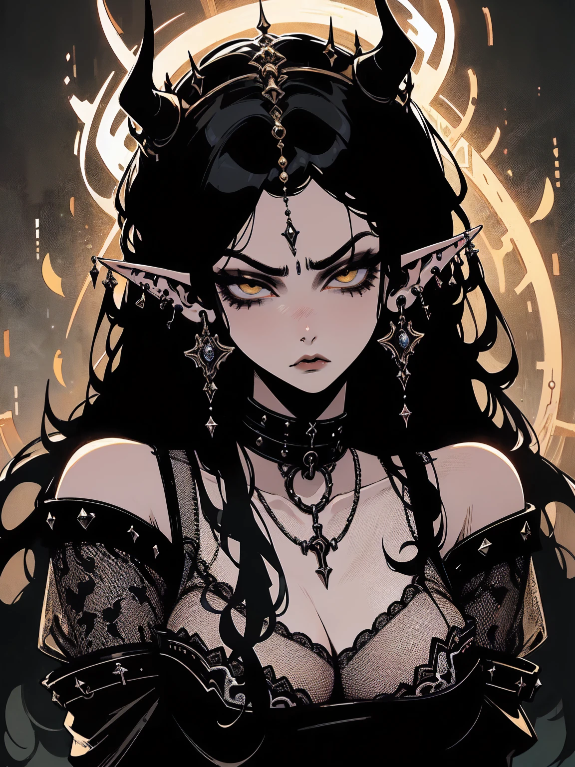 high détail, work of art, dramatic lighting(absurderes, high resolution, ultra detaild), extremely detailed 8k CG unit. mature face, adult Woman, Woman, mature Woman, elf, piercings, Short Wavy Black Hair and Bangs, (black hair), yellow eyes, modest black clothes, mad expression, angry, whole body.