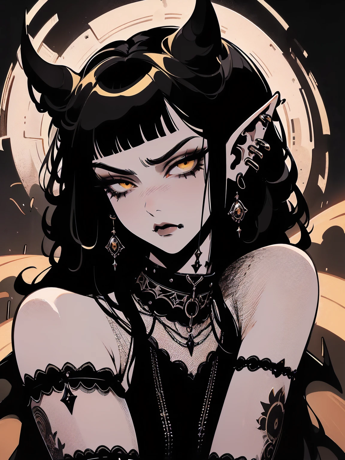high détail, work of art, dramatic lighting(absurderes, high resolution, ultra detaild), extremely detailed 8k CG unit. mature face, adult Woman, Woman, mature Woman, elf, piercings, Short Wavy Black Hair and Bangs, (black hair), yellow eyes, modest black clothes, mad expression, angry, whole body.