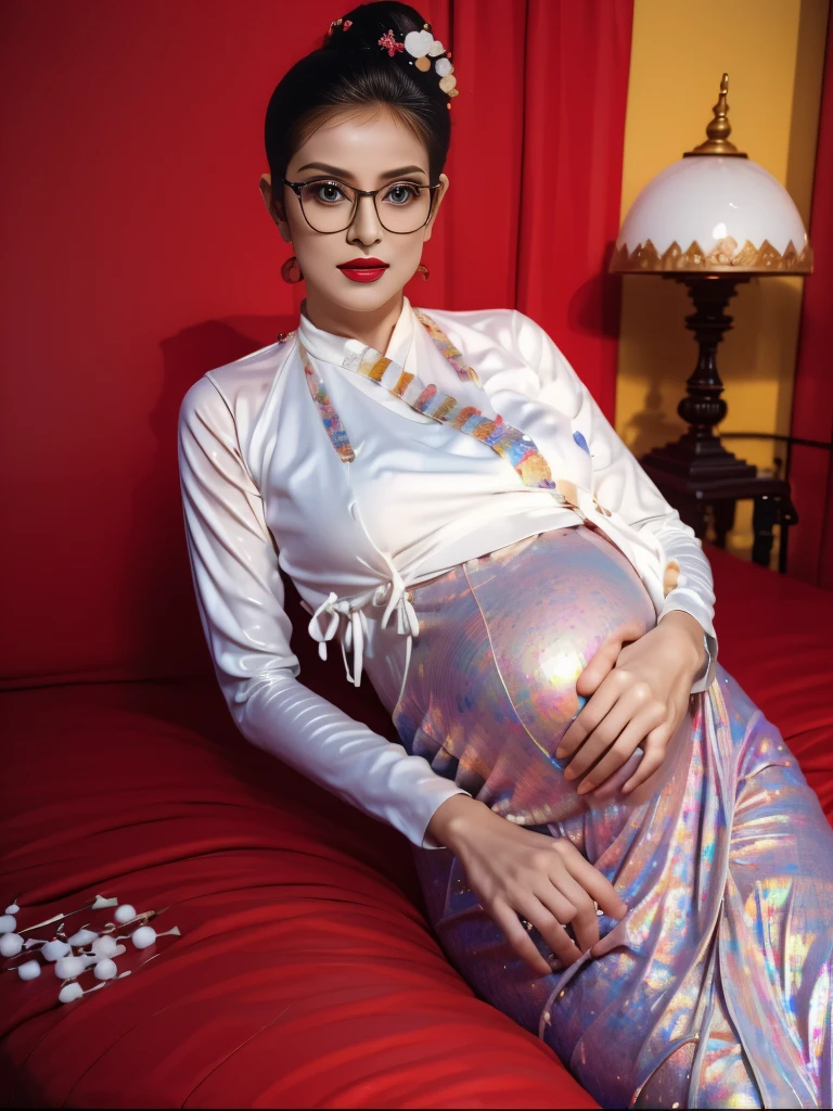 The best picture,The most realistic,4K clarity,bright picture,(Old Europe woman),(age 70),Pregnant, half image distance ,White long-sleeved cotton shirt , holographic leather skirt,Twintail hairstyle , glasses, red lips, organs not distorted, organs not torn and not overloaded, bedroom