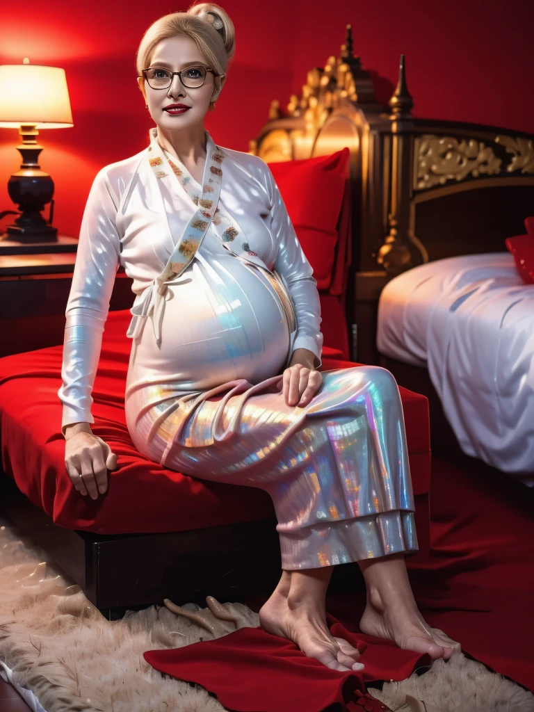 The best picture,The most realistic,4K clarity,bright picture,(Old Europe woman),(age 70),Pregnant, half image distance ,White long-sleeved cotton shirt , holographic leather skirt,Twintail hairstyle , glasses, red lips, organs not distorted, organs not torn and not overloaded, bedroom          