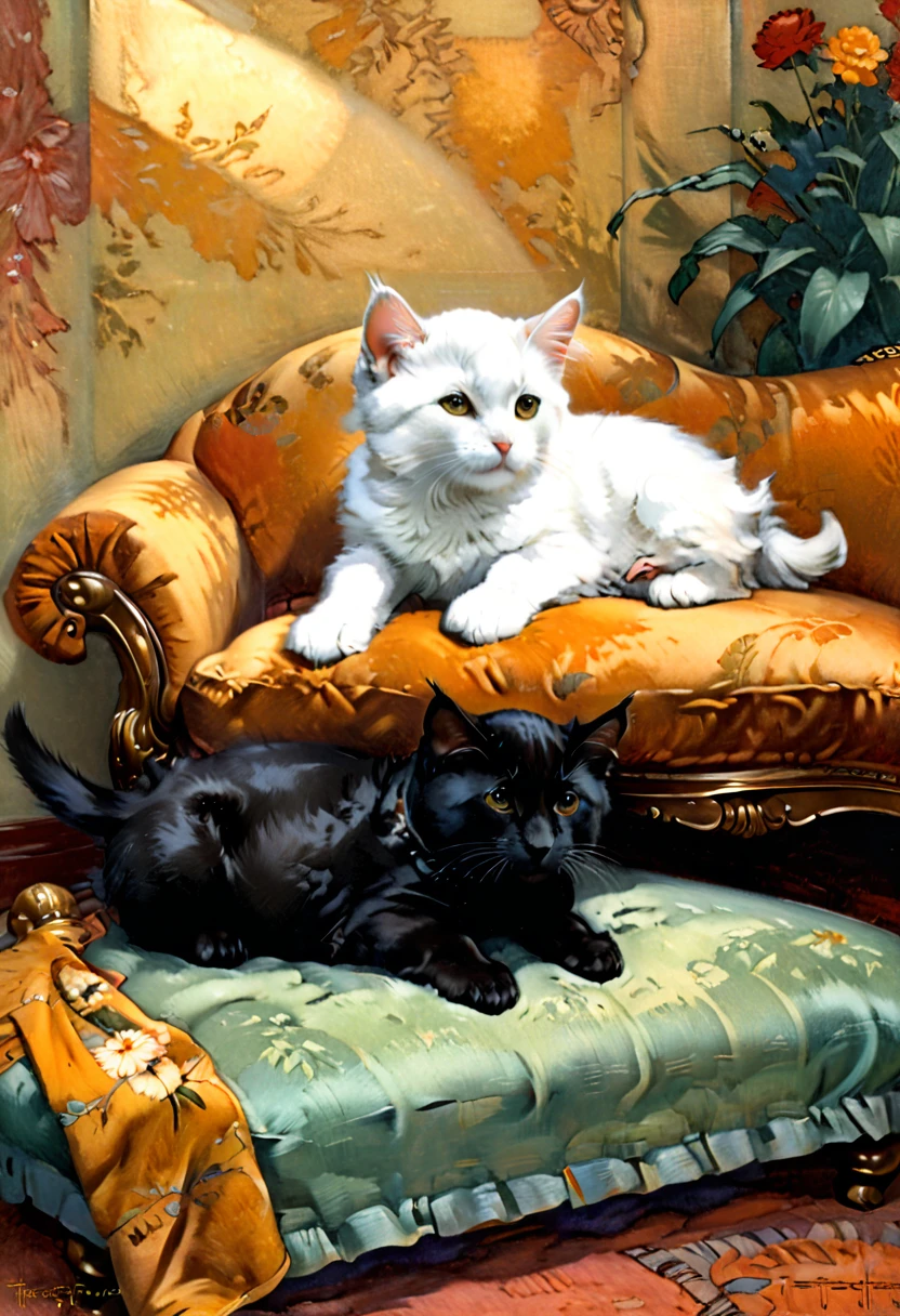 Charming kitten and puppy snuggled on a plush chaise longue, realistic texture, soft lighting, warm colors by Theophile Alexander Steinlen and Walter Hunt