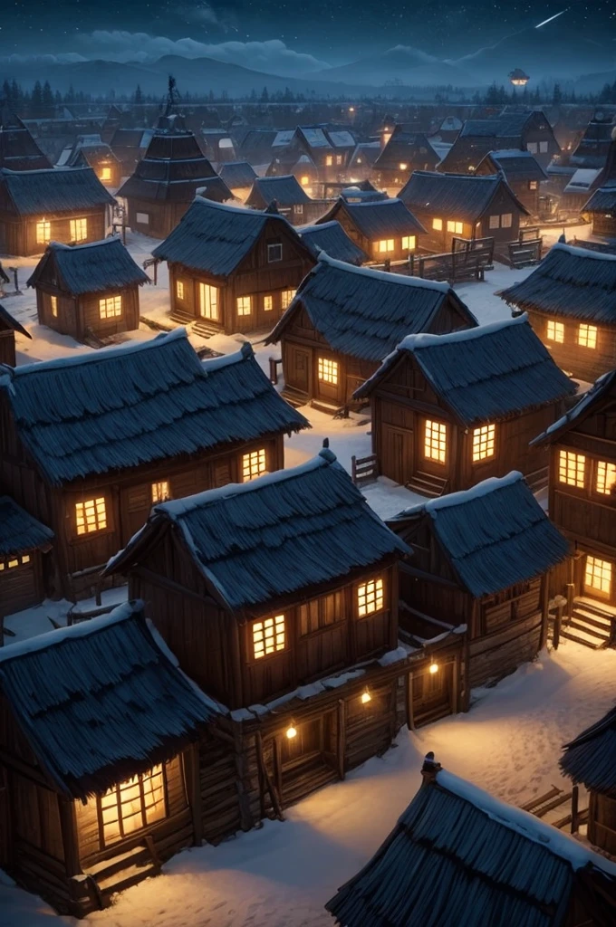 Generate a village of bandits at night from ancient times