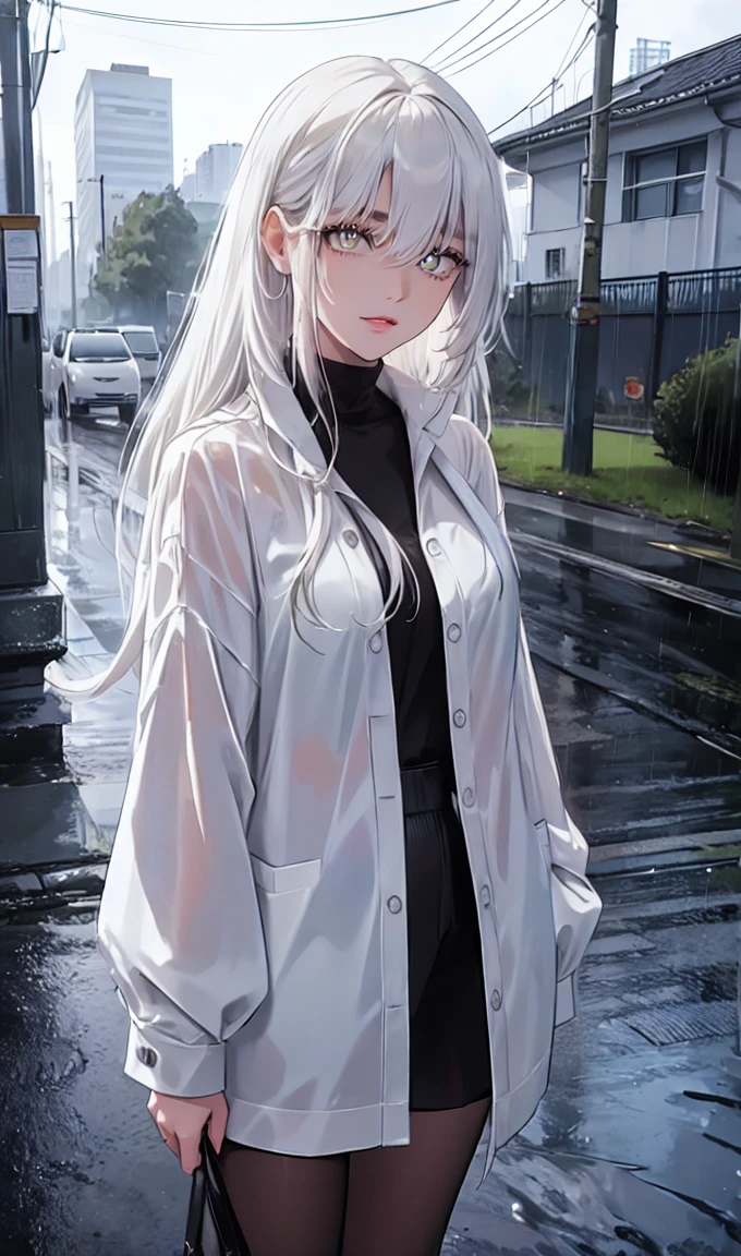 1girl, full body, solo,lips, female focus, yellow eyes, looking at viewer, white hair, long hair, closed mouth, smile, casual clothes, rainy day, wet clothes, street on the background