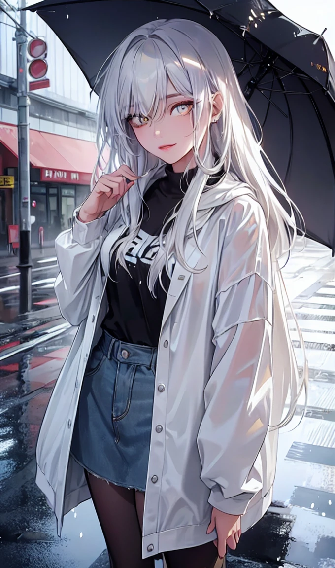 1girl, full body, solo,lips, female focus, yellow eyes, looking at viewer, white hair, long hair, closed mouth, smile, casual clothes, rainy day, wet clothes, street on the background