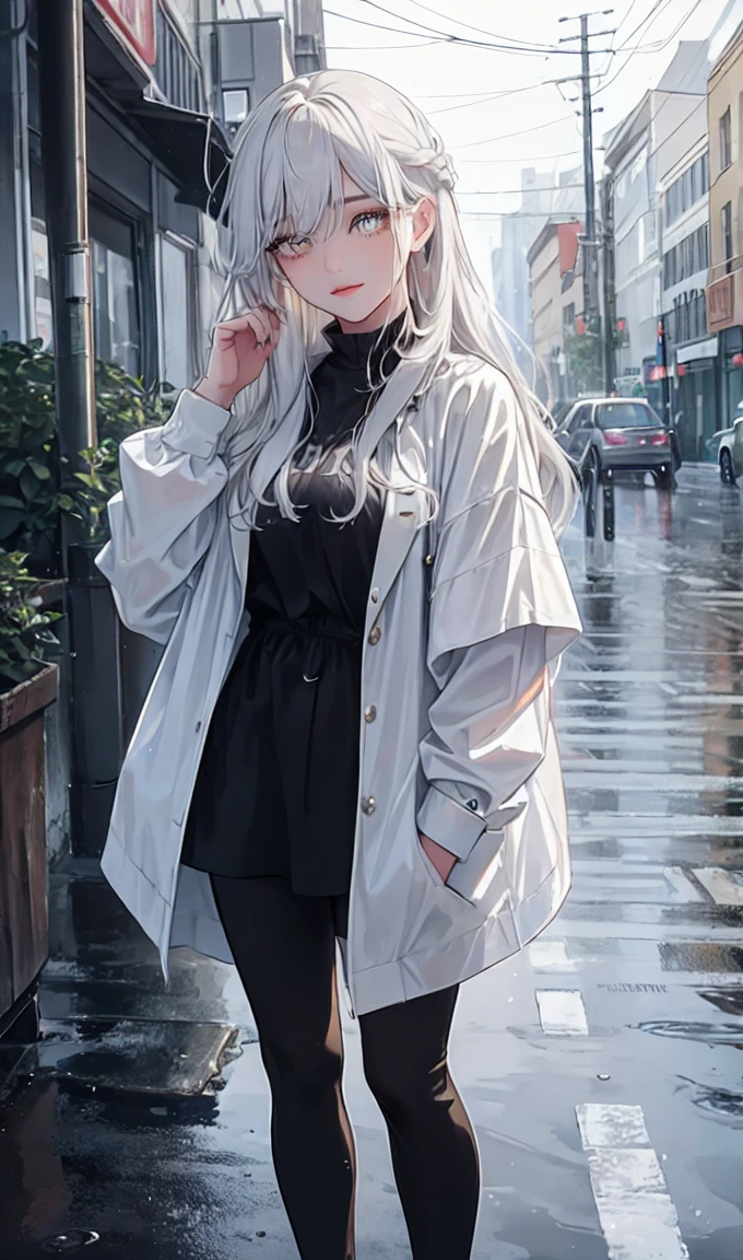 1girl, full body, solo,lips, female focus, yellow eyes, looking at viewer, white hair, long hair, closed mouth, smile, casual clothes, rainy day, wet clothes, street on the background