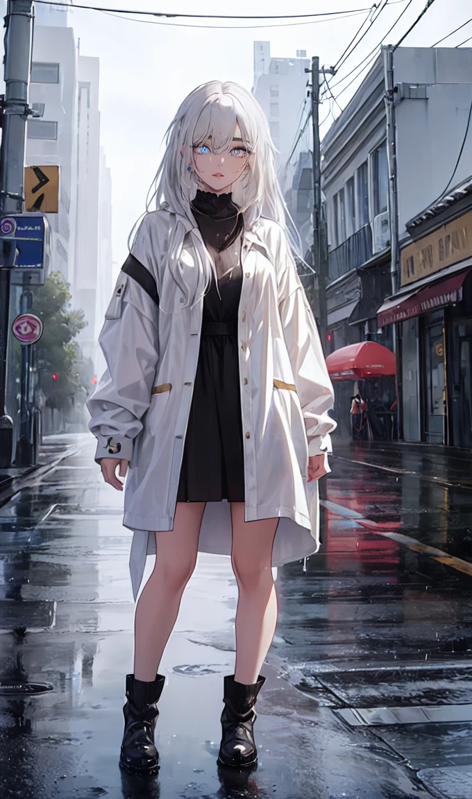 1girl, full body, solo,lips, female focus, yellow eyes, looking at viewer, white hair, long hair, closed mouth, smile, casual clothes, rainy day, wet clothes, street on the background