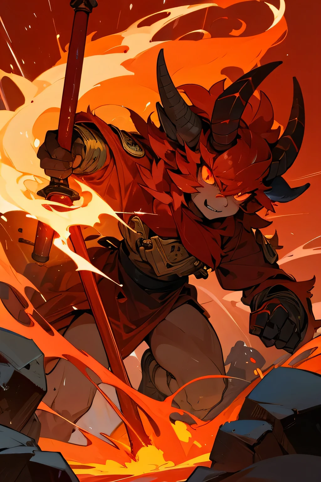humanoid red goat with big fire hammer in right hand and left hand has lava
