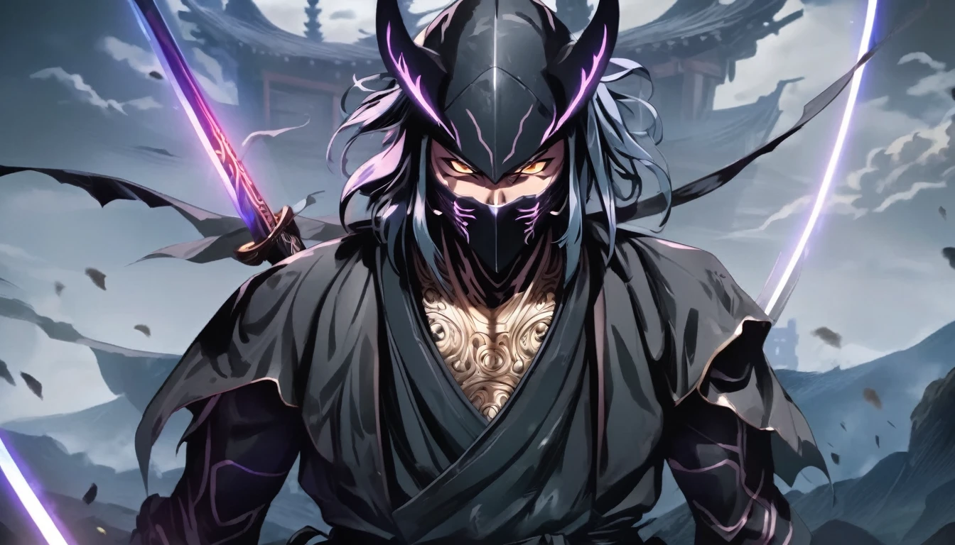 ninja mask, cape,close up, black heavy detailed clothes, katana, art, dark and malevolent, hand sword, armor, powerful and intimidating, (masterpiece, best quality, ultra-detailed, best shadow), (detailed background, dark fantasy) dramatic light, intricate details, dark and malevolent, powerful and intimidating, Dark and foreboding, malevolent force, sinister and chilling, armor, high detailed background, girl in demon slayer art, demon slayer art style, epic anime art, God death