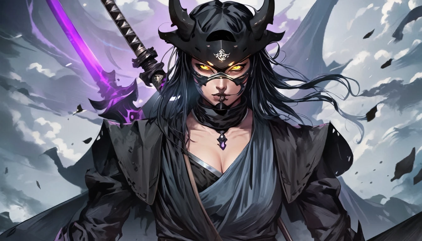 ninja mask, cape,close up, black heavy detailed clothes, katana, art, dark and malevolent, hand sword, armor, powerful and intimidating, (masterpiece, best quality, ultra-detailed, best shadow), (detailed background, dark fantasy) dramatic light, intricate details, dark and malevolent, powerful and intimidating, Dark and foreboding, malevolent force, sinister and chilling, armor, high detailed background, girl in demon slayer art, demon slayer art style, epic anime art, God death