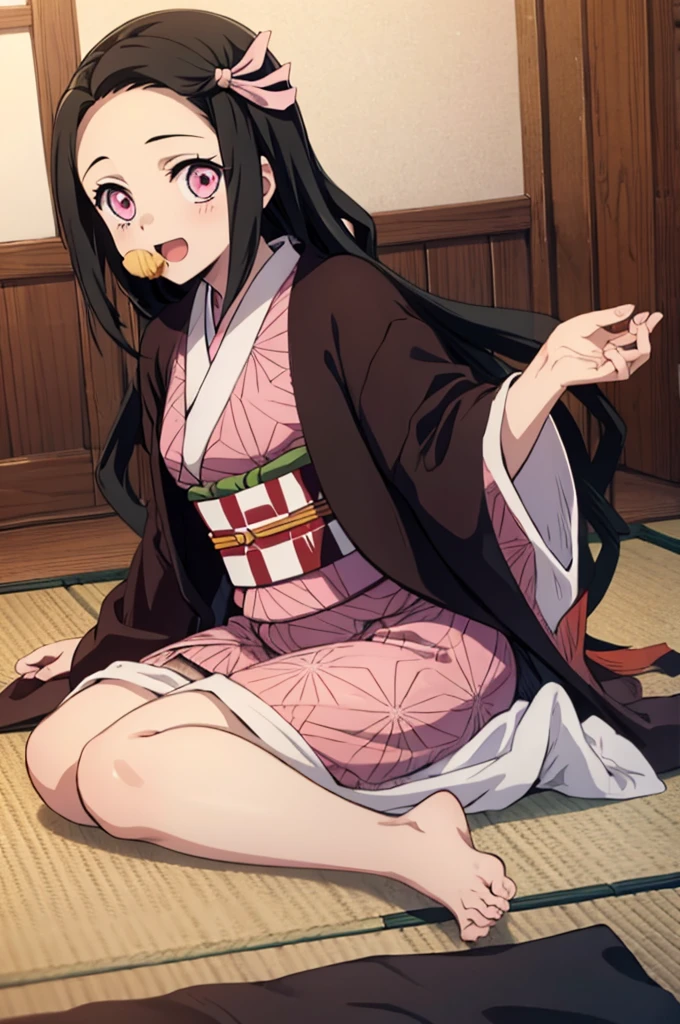 (masterpiece:1.3), (best quality:1.1), (8k, ultra detailed, ultra high res:1.2), ((anime style)), perfect 5 fingers, perfect anatomy,
1girl,
Kamado Nezuko,
BREAK long hair, wavy hair, forehead,
black hair,
pink eyes, empty eyes,
ribbon,
small breasts,
BREAK japanese clothes, pink kimono, brown haori, obi,
smile,
looking at viewer,
BREAK upper body, (eating, cream puff:1.1), sitting, wariza, open mouth,
perfect light, indoor, inside, Japanese-style Room,
