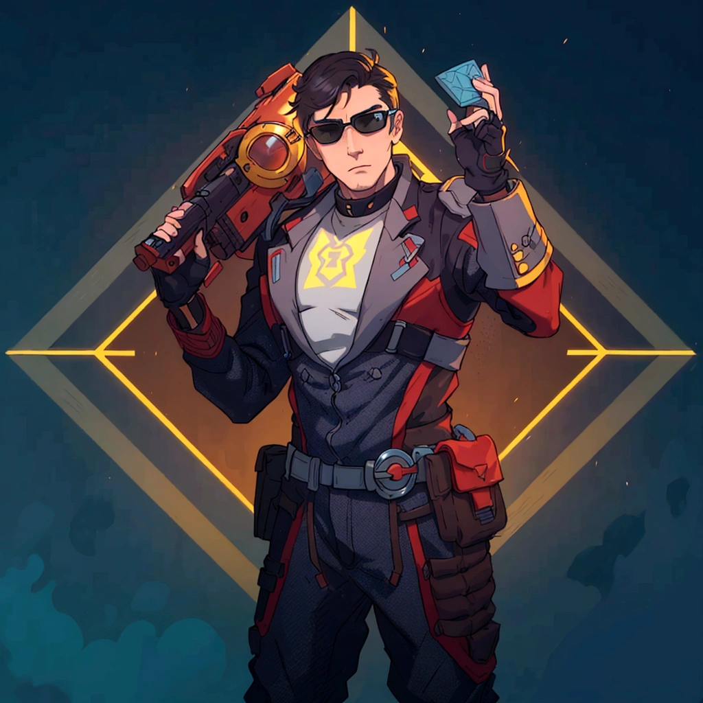 At the center of a vibrant piece of digital art, a male character stands confidently with his hands on his hips. He is adorned in an elegant gray and red suit equipped with a helmet and glasses and on his chest bears the letter M, suggesting that he might be prepared for an adventure or battle. His outfit is completed with a pair of sunglasses, adding to his cool demeanor. In his right hand he holds a gun, ready for action. The background contrasts strikingly with its blue and yellow geometric shapes, enhancing the overall futuristic theme of the image.