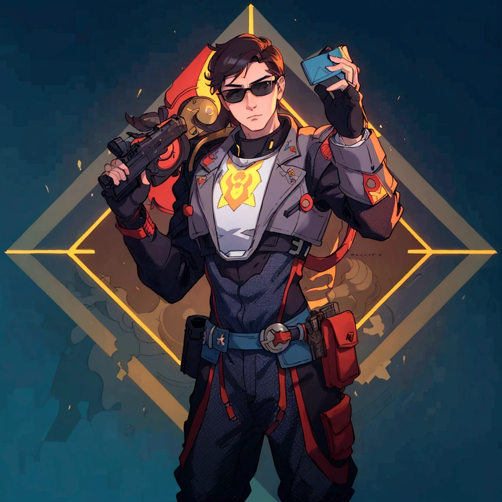 At the center of a vibrant piece of digital art, a male character stands confidently with his hands on his hips. He is adorned in an elegant gray and red suit equipped with a helmet and glasses and on his chest bears the letter M, suggesting that he might be prepared for an adventure or battle. His outfit is completed with a pair of sunglasses, adding to his cool demeanor. In his right hand he holds a gun, ready for action. The background contrasts strikingly with its blue and yellow geometric shapes, enhancing the overall futuristic theme of the image.