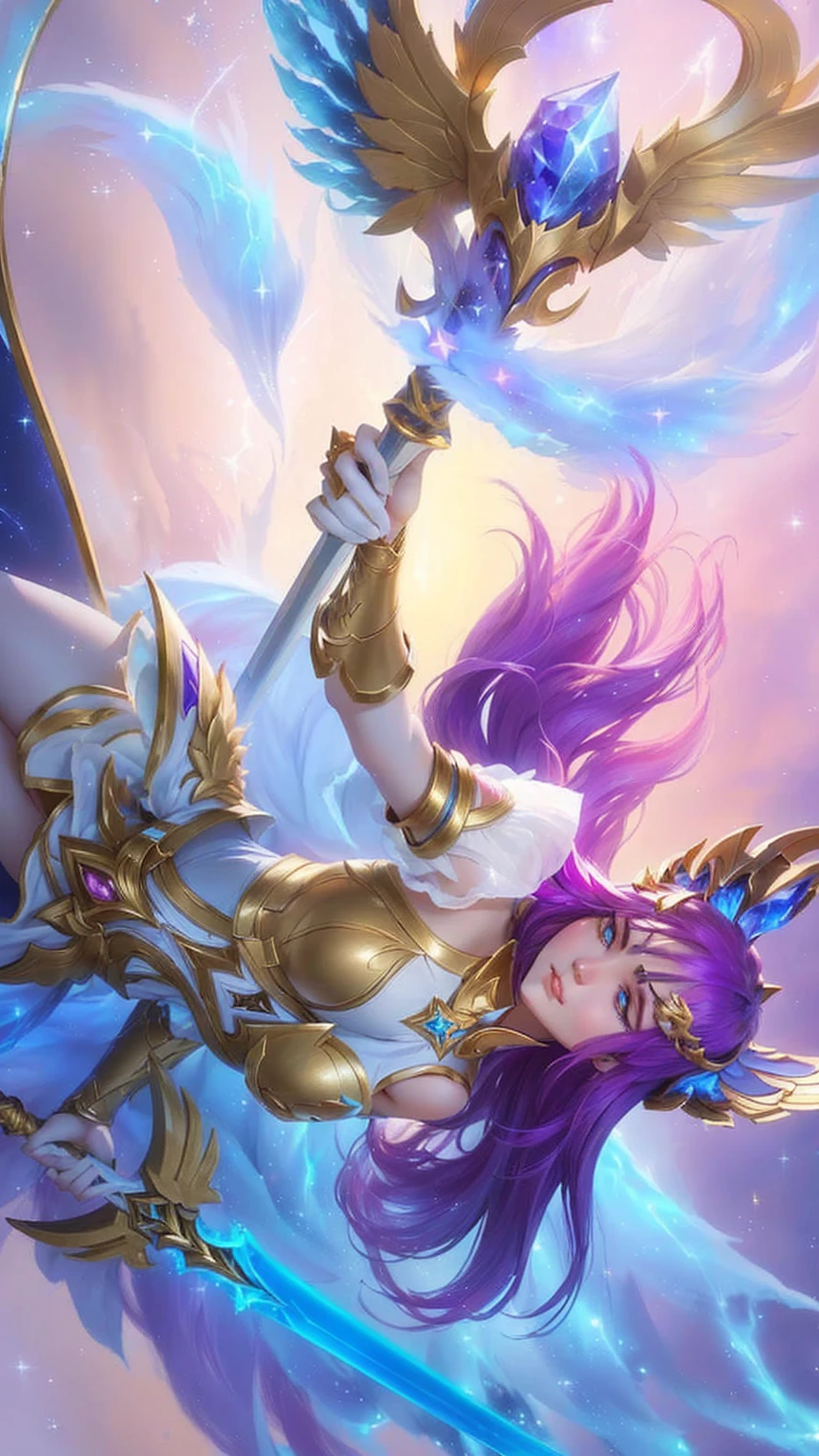 a woman in a gold outfit holding a sword and flying through the air, star guardian inspired, beautiful celestial mage, star guardians, seraphine ahri kda, portrait knights of zodiac girl, knights of zodiac girl, Odette from mobile legends, Odette virgo zodiac skin, official splash art, mystical constellation, extremely detailed artgerm, irelia