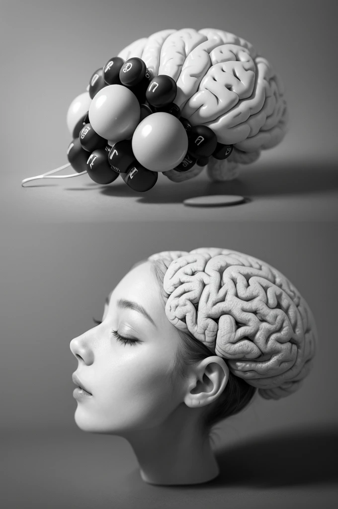 Brain drawn in graphite with pills coming out of it