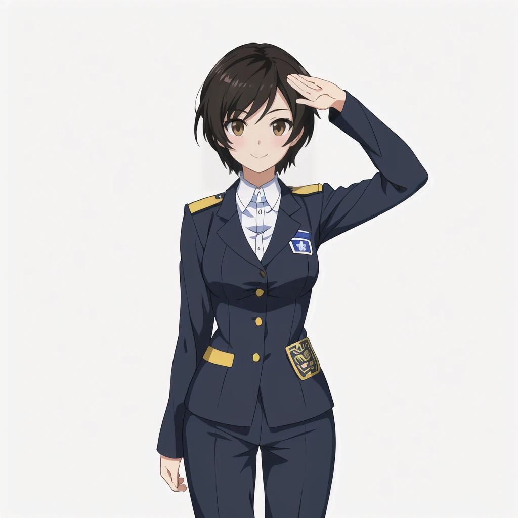 Highest quality, high resolution, High quality anime art style, Official Art, Smooth anime CG art, Stylized anime, Visual Novel Sprites, White background, whole body, Anime-style 3D, Smooth anime CG art, humanoid woman, JRPG Characters, policewoman, Policewoman, Anime woman in a Japanese policewoman uniform, Saluting with left hand, smile, Brown eyes, Black Hair, short hair, Age 25,