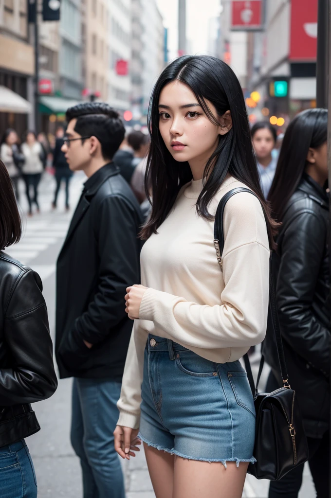 Serious young black haired woman in the city crowd