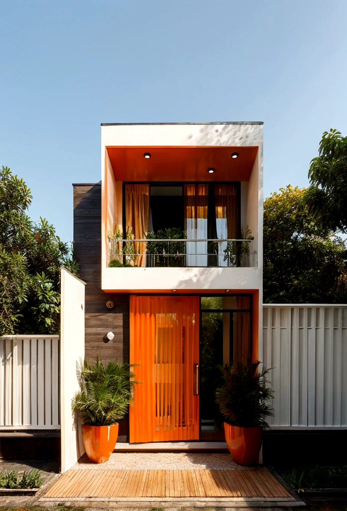 orange mansion, Modern flair, a lot of trees, paisaje, matching orange walls, glass and wood, twinkling, created with straight lines