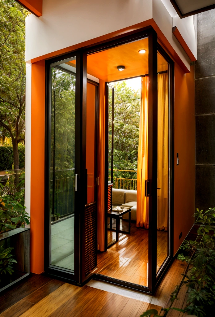 orange mansion, Modern flair, a lot of trees, paisaje, matching orange walls, glass and wood, twinkling, created with straight lines