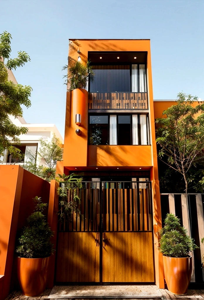 orange mansion, Modern flair, a lot of trees, paisaje, matching orange walls, glass and wood, twinkling, created with straight lines