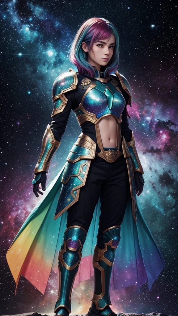 women with rainbow colored hair and teal detailed armor, standing, rainbow colorful cosmic nebula background, estrelas, galaxies, detalhes intrincados, rosto perfeito