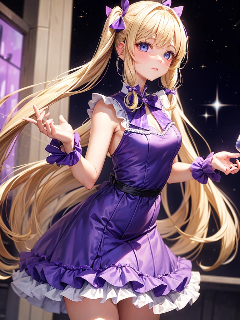 an adult woman, blonde with two pigtails with a purple bow each, purple dress with sparkles and diamonds, short and gala, with an opening in its pirrna, she has blue eyes, is at a late night dinner in a wealthy place