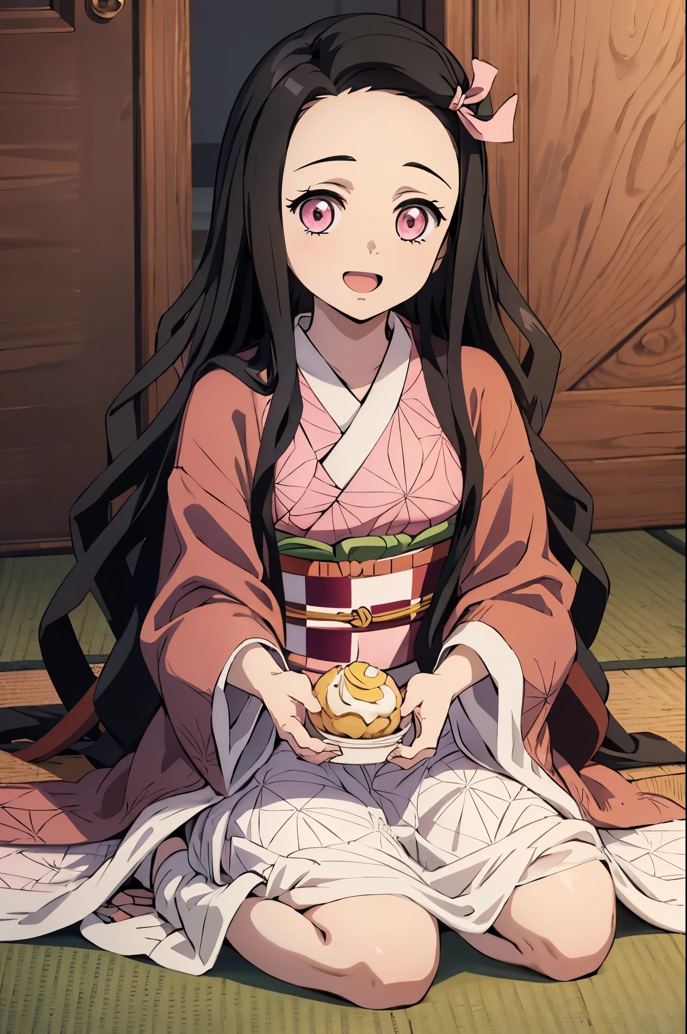(masterpiece:1.3), (best quality:1.1), (8k, ultra detailed, ultra high res:1.2), ((anime style)), perfect 5 fingers, perfect anatomy,
1girl,
Kamado Nezuko,
BREAK long hair, wavy hair, forehead,
black hair,
pink eyes, empty eyes,
ribbon,
small breasts,
BREAK japanese clothes, pink kimono, brown haori, obi,
smile,
looking at viewer,
BREAK upper body, (eating, cream puff:1.1), sitting, wariza, open mouth,
perfect light, indoor, inside, Japanese-style Room,