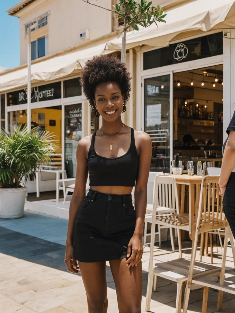 her name is Jamila, high quality, 1girl, ((20-year-old fit black woman)), ((25 years old)), ((slim)), short bob, pose: standing, wearing stylish fashionable Generation-Z modern wear different colored, BACKGROUND: outside: At Bondi Beach, where surfers ride waves against a backdrop of vibrant street art, cafes buzz with locals and tourists savoring flat whites under the Australian sun.