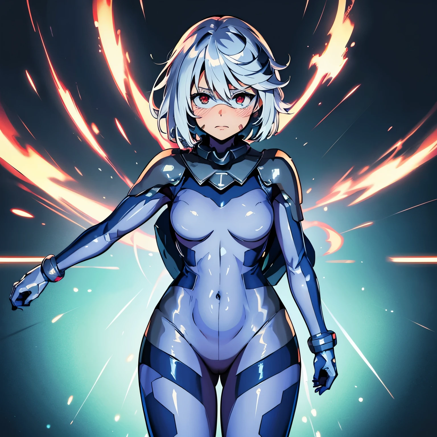 ultra-detailed, Explicit, Beautiful body, Beautiful Nose, Beautiful character design, perfect eyes, perfect face, ultra highres, 4K, beautiful legs, perfect legs, Nice hands, Perfect hand, Masterpiece, Best Quality, Highly detailed, illustration, absurdres, perfect anatomy, expressionless, blank eyes, emotionless,corruption, mind control, female combatant, full body, hypnotized, unhappy trance, full body suit, ribbed bodysuit, both arms at side, obey, perfect female body, looking at viewer, hypnosis, hypnoLora, empty eyes, Mind control device, poses, submissive_pose, Slave, Fighting Stance,numbersuit, two-tone bodysuit:0.9, blue bodysuit:0.9, light blue bodysuit:0.9, (((pixel-perfect, detail-perfect))) 1girl, solo, hair ornament, small breast, Shy, SHORT HAIR, WHITE HAIR, RED EYES, HAIR BETWEEN EYES, from back, view from back, ass, looking from back, view from back