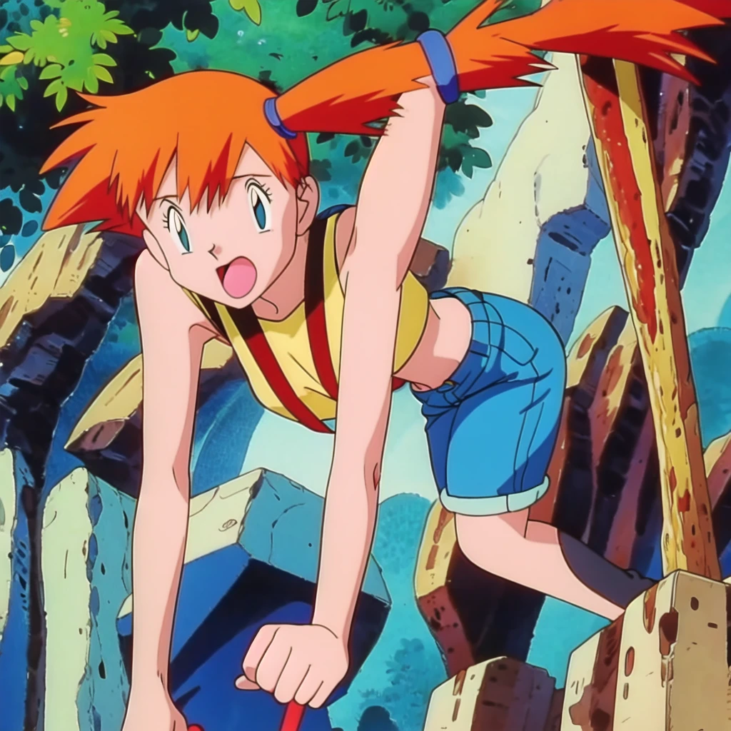 misty (pokemon), 1girl, solo, yellow shirt, sleeveless shirt, suspenders, denim shorts, outdoors