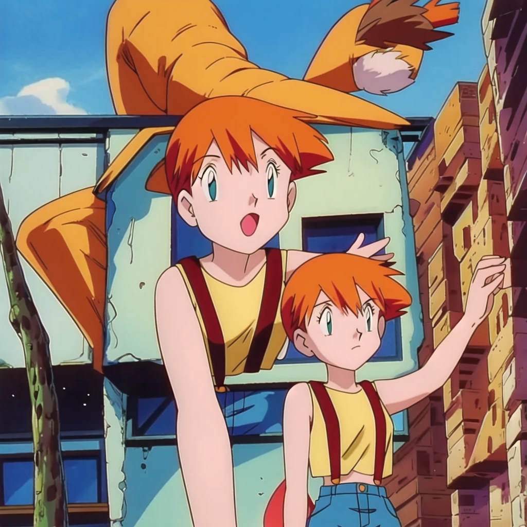 misty (pokemon), 1girl, solo, yellow shirt, sleeveless shirt, suspenders, denim shorts, outdoors