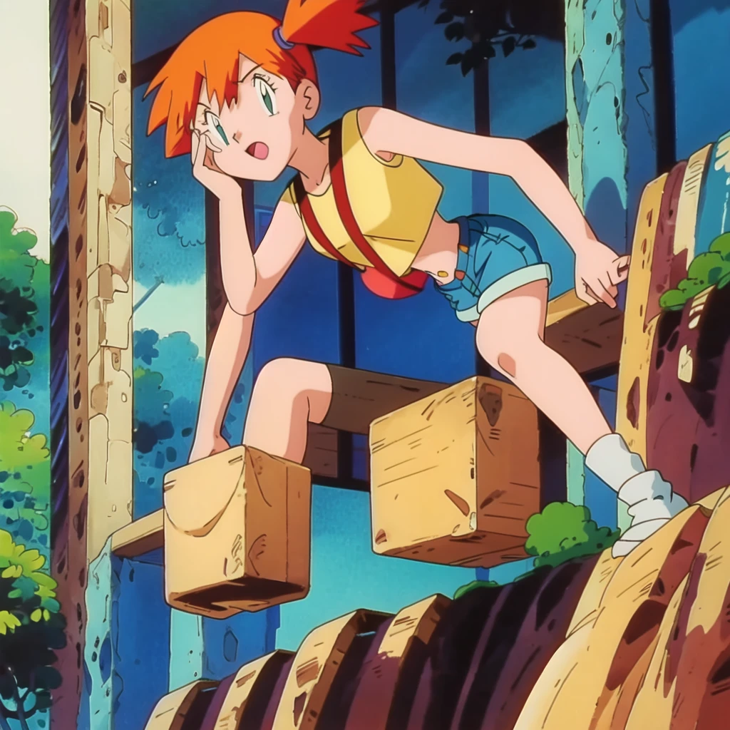 misty (pokemon), 1girl, solo, yellow shirt, sleeveless shirt, suspenders, denim shorts, outdoors