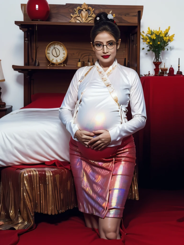 The best picture,The most realistic,4K clarity,bright picture,(Old Europe woman),(age 70),Pregnant, half image distance ,White long-sleeved cotton shirt , holographic leather skirt,Twintail hairstyle , glasses, red lips, organs not distorted, organs not torn and not overloaded, bedroom          