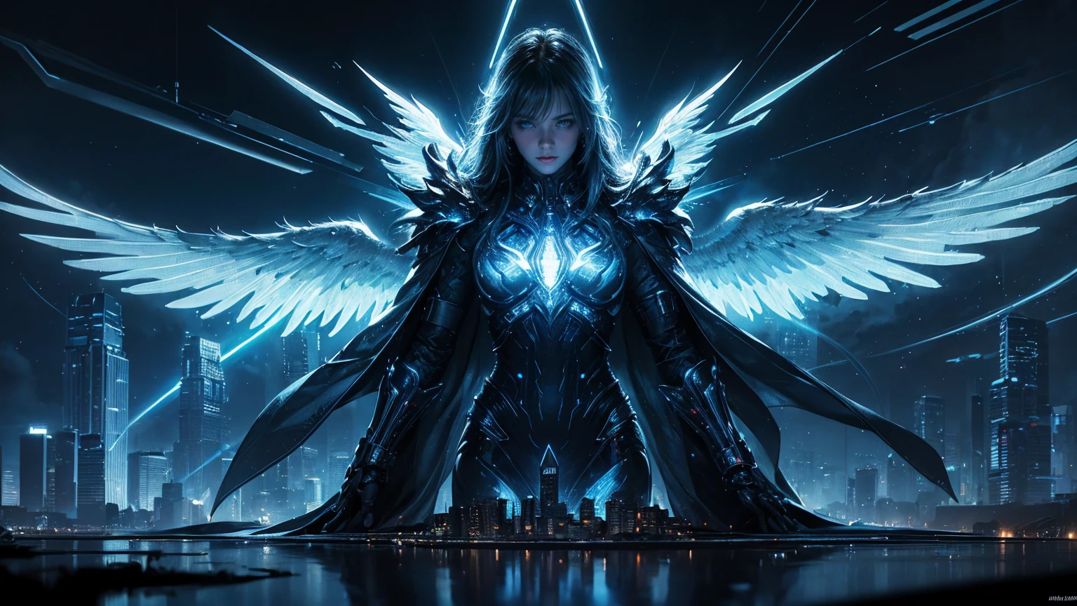 ((masterpiece, Highest quality, Best image quality, High resolution、4k)) An angel in the center of the screen、Glowing white wings、Glowing halo、Cyberface。Wearing a flowing ethereal robe、god々Shining with a bright light。Glowing blue eyes and advanced cybernetic enhancements. Seen in dynamic action poses, reflection on a smooth surface. The cityscape below is filled with towering skyscrapers., illuminated by colorful holographic advertisements, Shining with blue energy, Mighty power. The overall atmosphere is dark and mysterious., It had a futuristic techno vibe.. The lighting is dramatic, Intense highlights and deep shadows, Creates depth and tension