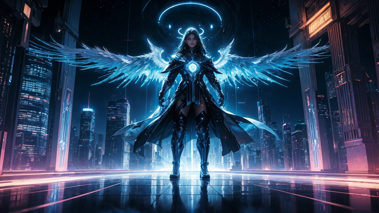 ((masterpiece, Highest quality, Best image quality, High resolution、４ｋ)) An angel in the center of the screen、Glowing white wings、Glowing halo、Cyberface。Wearing a flowing ethereal robe、god々Shining with a bright light。Glowing blue eyes and advanced cybernetic enhancements. Seen in dynamic action poses, reflection on a smooth surface. The cityscape below is filled with towering skyscrapers., illuminated by colorful holographic advertisements, Shining with blue energy, Mighty power. The overall atmosphere is dark and mysterious., It had a futuristic techno vibe.. The lighting is dramatic, Intense highlights and deep shadows, Creates depth and tension
