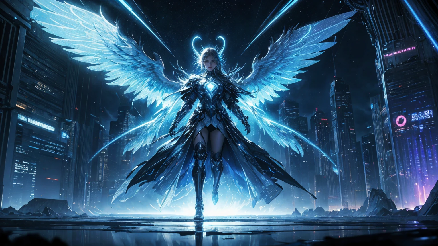 ((masterpiece, Highest quality, Best image quality, High resolution、4k)) An angel in the center of the screen、Glowing white wings、Glowing halo、Cyberface。Wearing a flowing ethereal robe、god々Shining with a bright light。Glowing blue eyes and advanced cybernetic enhancements. Seen in dynamic action poses, reflection on a smooth surface. The cityscape below is filled with towering skyscrapers., illuminated by colorful holographic advertisements, Shining with blue energy, Mighty power. The overall atmosphere is dark and mysterious., It had a futuristic techno vibe.. The lighting is dramatic, Intense highlights and deep shadows, Creates depth and tension