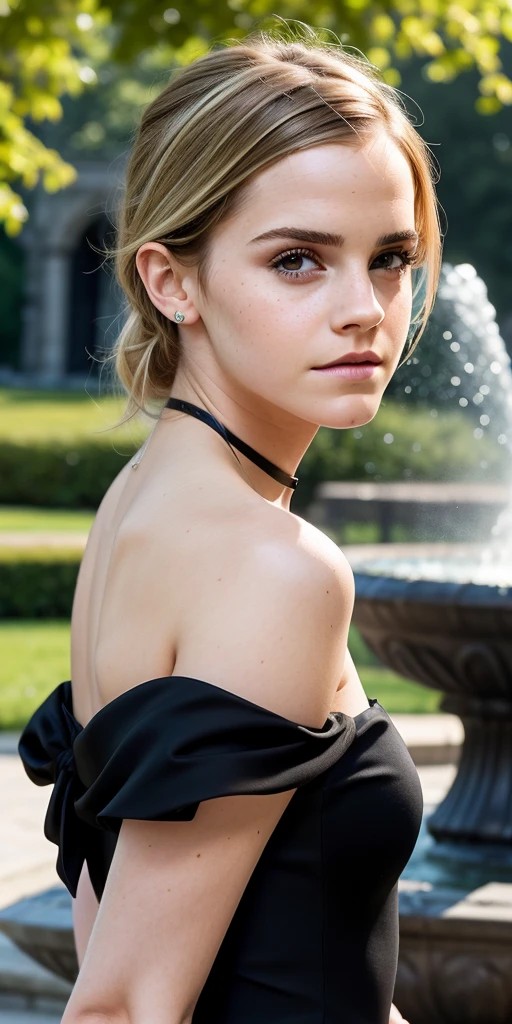 Emma Watson, neckline, blonde hair, black dress, in the park, fountain behind, focus on neckline, expressive eyes, focus on eyes, looking to the viewer, above view, 