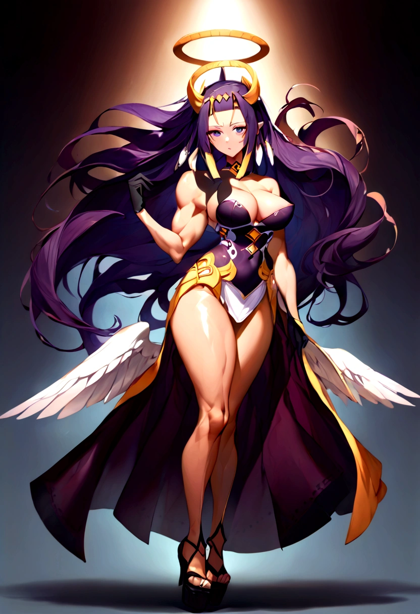 Raikou, parted bangs, purple eyes, purple hair, long hair, hime cut, forehead, inapriestess, strapless dress, single thighhigh, single detached sleeve, black gloves, low wings, halo, extreme muscular body, big breasts, 4 arms, full body.