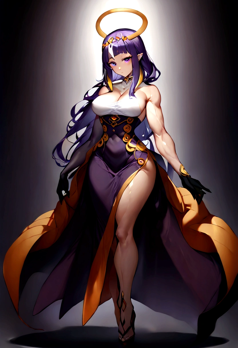 Raikou, parted bangs, purple eyes, purple hair, long hair, hime cut, forehead, inapriestess, strapless dress, single thighhigh, single detached sleeve, black gloves, low wings, halo, extreme muscular body, big breasts, 4 arms, full body.