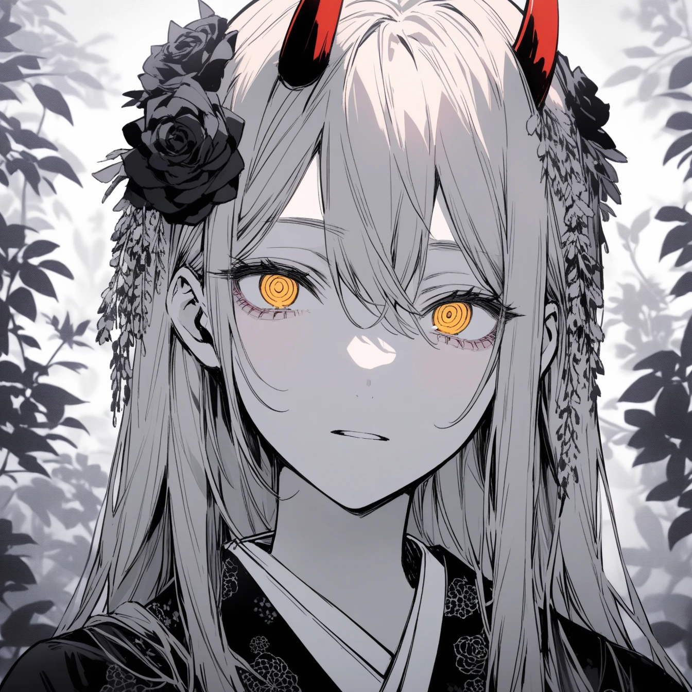 Beautiful anime portrait,Black and gray monochrome，Oriental Wallpaper，Pink，Feeling，Rose blonde hair，very anime style，1girl, power \(chainsaw man\), chainsaw man，Flowers，Close-up，Soft Light，Rich in details，The expression is firm，Kimono decoration，Background blur，Vivid colors，情Feeling深沉，front，Yellow eyes，There are red pointed horns on the head，Doji Star Eye