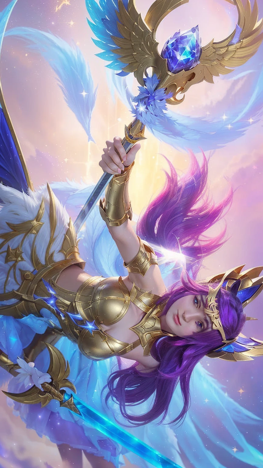 a woman in a gold outfit holding a sword and flying through the air, star guardian inspired, beautiful celestial mage, star guardians, seraphine ahri kda, portrait knights of zodiac girl, knights of zodiac girl, Odette from mobile legends, Odette virgo zodiac skin, official splash art, mystical constellation, extremely detailed artgerm, irelia