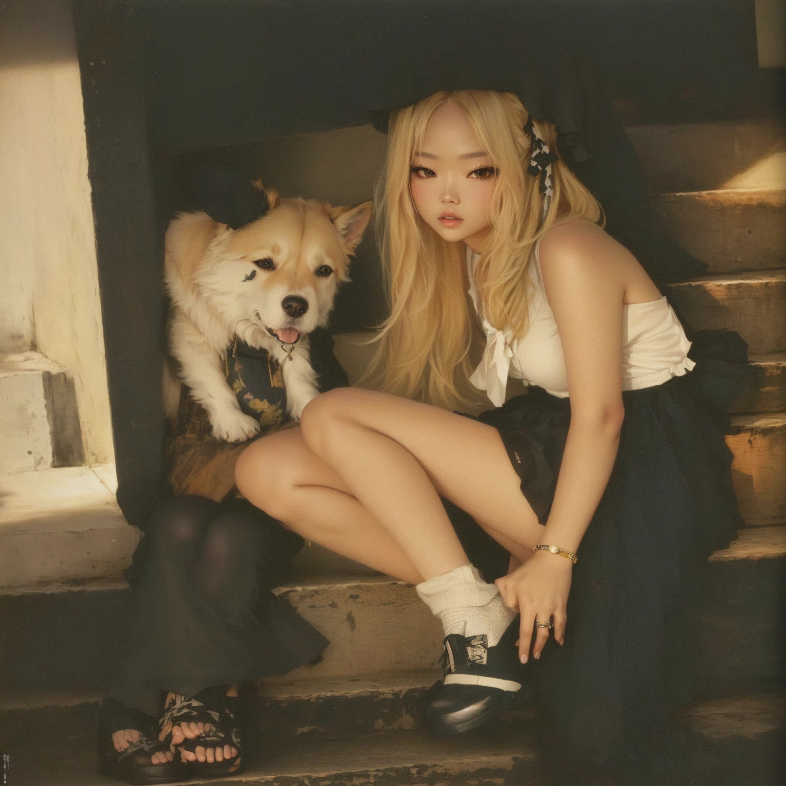Blonde woman sitting on stairs with dog and shoes on., Park Roseanne de Blackpink, jossi de blackpink, portrait of Rose de Blackpink, jennie pink black, high quality scan, magazine scan, from my part, lalisa manobal, CL, Lalisa Manoban of Blackpink, uhigh quality scan, Jisoo from Blackpink, sun yunjoo, heonhwa choe